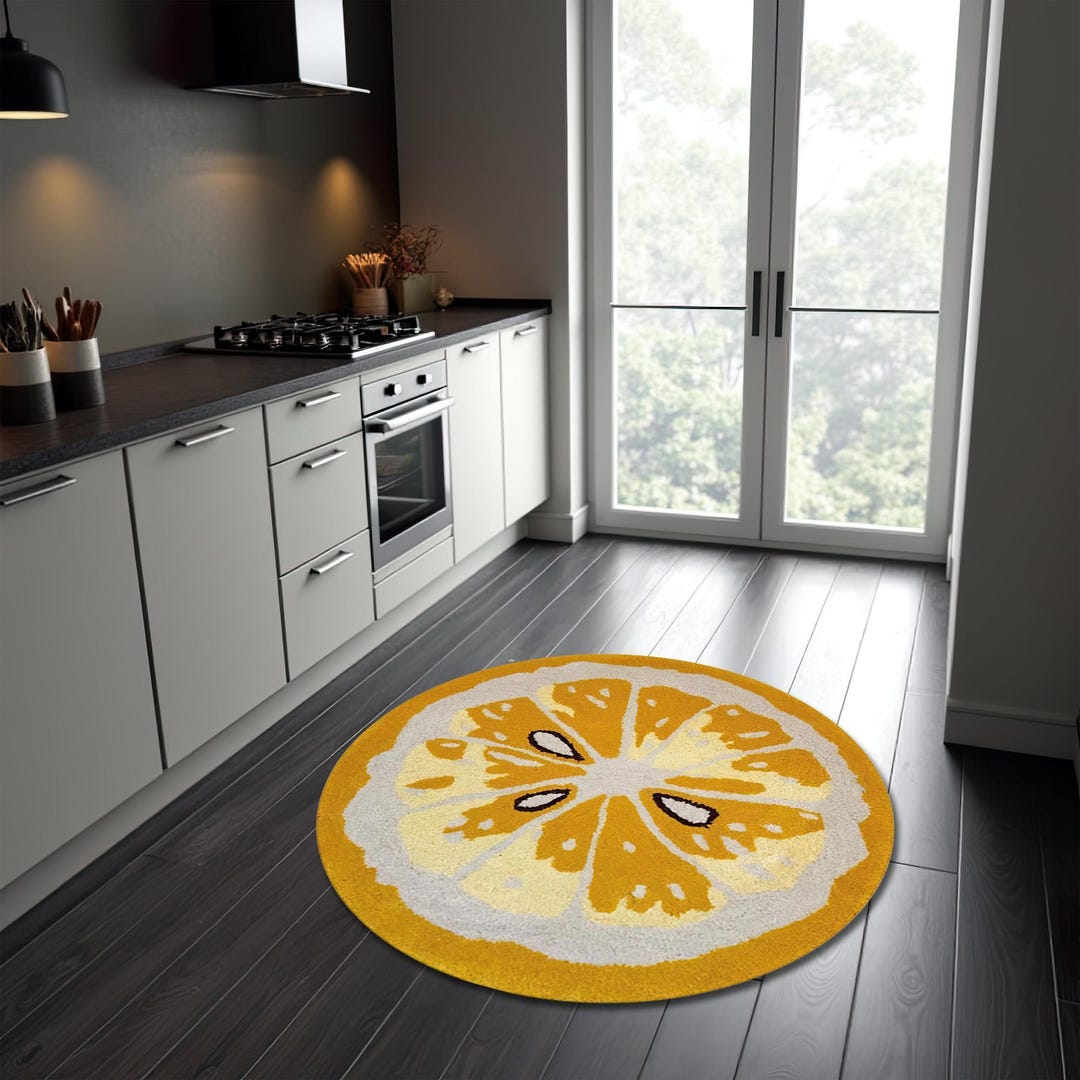 Round Lemon Kitchen Rug: Yellow Fruit Carpet, Dining Decor - Etsy