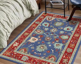 Ethnic Usak Turkish Rug: Blue Red Floral Bordered Oriental Carpet Oushak