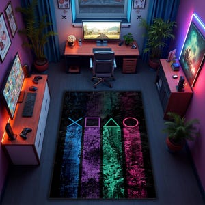 Tapijt met knopen gamecontroller, gamingmat in neonkleuren, rond, vierkant, tapijt voor nachtkastje, cadeau voor gamer