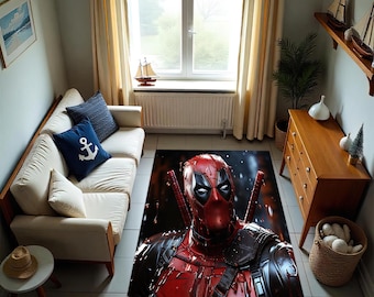 Bloody Deadpool Rug, Comic Style Floor Mat, Superhero Graphic Carpet, Edgy Room Decor, Red and Black Print Area Rug