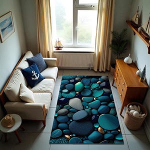 Turquoise Stone Print Rug: Coastal Decor Accent Mat