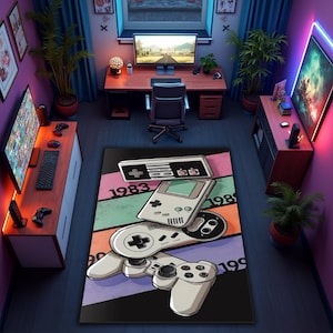 May include: A retro-themed rug featuring a black background with colorful stripes and classic gaming controllers. The rug showcases a Nintendo controller, a Game Boy, and a Super Nintendo controller, with the years 1983, 1989, and 1999 printed on it.