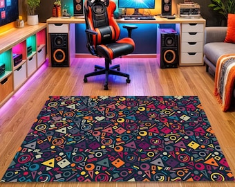 Retro Arcade Rug, Colorful Geometric Carpet, Game Room Nostalgic Floor Mat