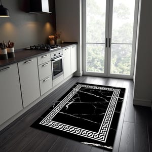Black and White Marble Motif Rug, Greek Key Carpet, Luxury Mat, Kitchen Rug, Tile Pattern Bedroom Carpet, Modern Chic Decor