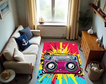 Retro boombox-vloerkleed, funky popart grafische vloermat