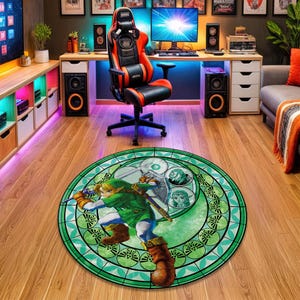 Green Gaming Rug: Round Gamer Chair Mat, Fantasy Hero Design