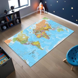 Kids World Map Rug: Educational Play Mat, Colorful Geography Decor