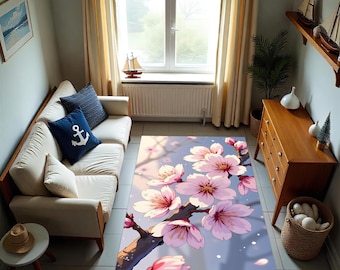 Boho Cherry Blossom Rug: Pink Sakura Floral Carpet