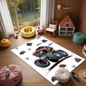 Monster Truck Themed Nursery Rug, Kids Room Carpet, Floor Mat for Kindergarten, Boys Room Rug, Baby Gift