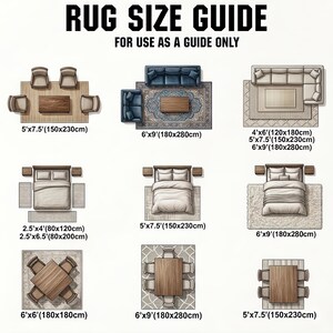The image is a guide for rug sizes, providing dimensions and corresponding rug designs for different furniture arrangements.