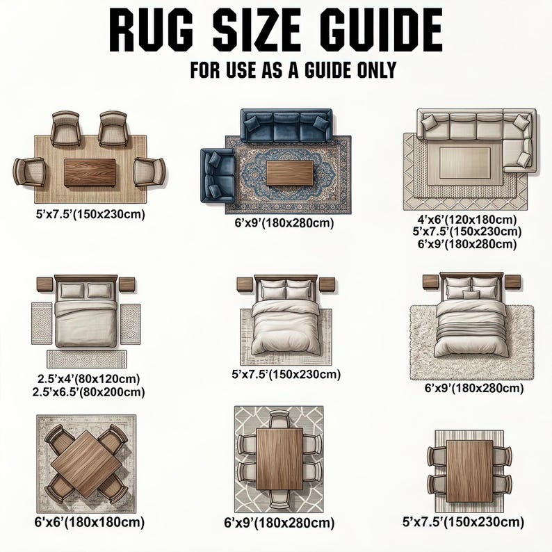 The image is a guide for rug sizes, providing dimensions and corresponding rug designs for different furniture arrangements.