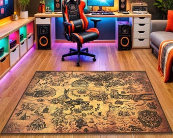 Fantasy World Map Rug, Retro Gamer Decor Carpet, Adventure Style Game Map Floor Mat