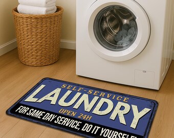 Blue Retro Laundry Room Rug: Farmhouse Wash & Dry Mat