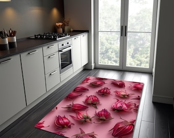Hibiscus Floral Rug: Pink Red Boho Statement Carpet