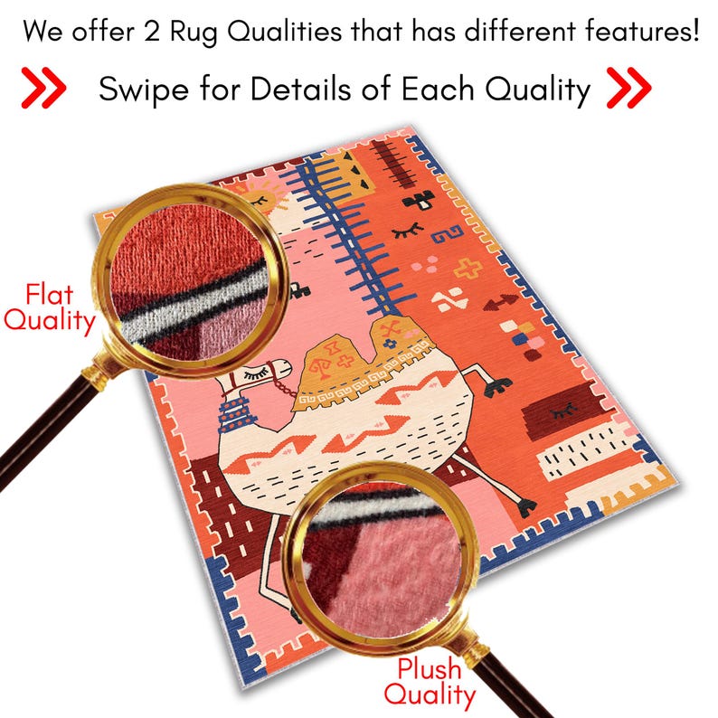 two different rug qualities, each with distinct features. The rug on the left is described as a flat quality, while the rug on the right is described as plush quality. Both rugs are shown through magnifying glasses, highlighting their unique characteristics.