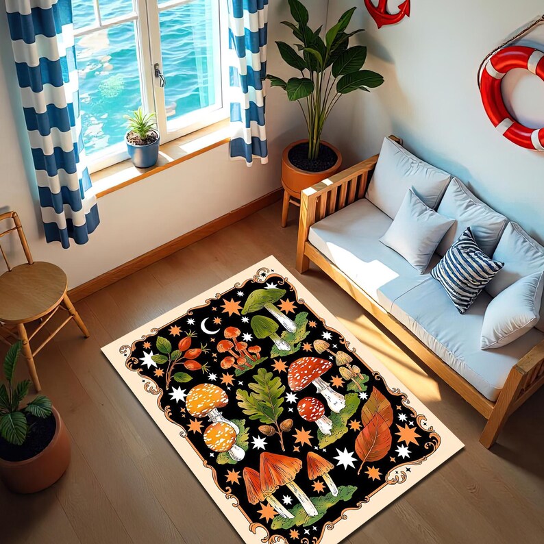 a cozy living room with a large rug featuring a whimsical design of mushrooms, leaves, and stars. The room is decorated with a blue and white striped curtain, a wooden bench, and a potted plant. A red life preserver is hanging on the wall, and a wooden chair is placed near the window.