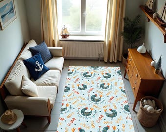 Rustic Rooster Rug Vintage Farmhouse Carpet Floral Country Style Decorative Floor Mat