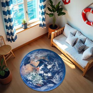 Weltkarte Runder Teppich, Globus-Print-Teppich, Lehrgeographie-Matte, Earth Design Teppich, Space Them Decor, Kinderzimmer-Teppich im Entdecker-Stil
