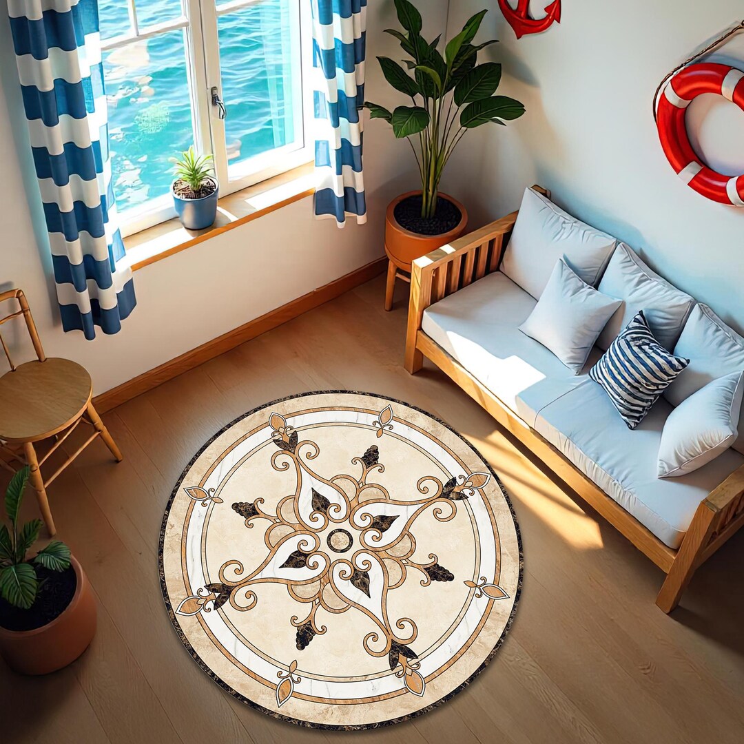 Round Mosaic Rug: Marble Tile Compass Medallion, Neutral Entryway Decor ...