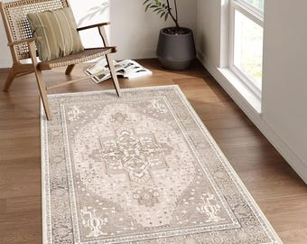 Distressed Abstract Area Rug Beige Oriental Living Room Kitchen Carpet