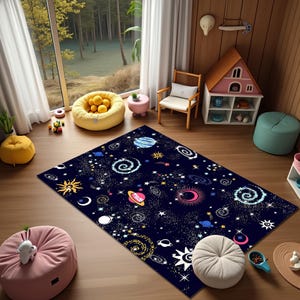 Navy Blue Space Rug: Planet Galaxy Kids Room Carpet