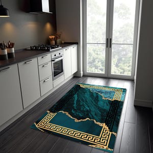 Greek Key Motif Rug, Turquoise and Gold Color Marble Carpet, Bedroom Rug, Living Room Carpet, Luxury Kitchen Rug, Tile Pattern Mat