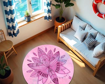 Eclectic Pink Lotus Mandala Rug Boho Spiritual Carpet Meditation and Living Room Decor