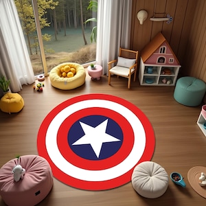 Alfombra con el escudo del Capitán América, redonda para sala de juegos, para habitación infantil, de superhéroe, con diseño de abanico, para guardería.
