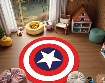 Captain America Shield Rug, Round Playroom Carpet, Children Room Mat, Superhero Decor, Fan Rug, Nursery Cartoon Decor