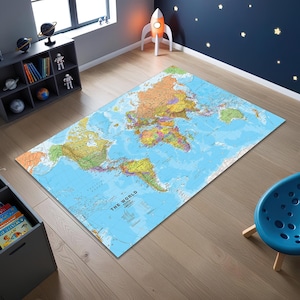 World Map Rug for Kids Room, Colorful Political Map Carpet, Educational Play Mat, Learning Floor Decor, Geography Gift Idea