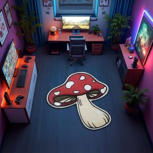 Red Mushroom Rug: Spotty Accent Carpet, Retro Gamer Decor