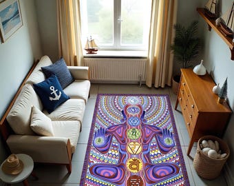 May include: A rectangular area rug featuring a seated figure with open hands, displaying the seven chakras in vibrant colors. The rug has a detailed, symmetrical design with purple, blue, yellow, and red hues, creating a spiritual and decorative element for a living space.