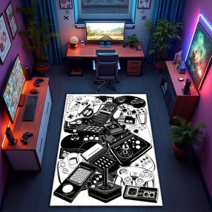 Könnte beinhalten: Ein schwarz-weißer Teppich mit einem Design aus verschiedenen Videospiel-Controllern. Der Teppich befindet sich in einem Raum mit einem Gaming-Setup, einschließlich eines Schreibtischs, Computerbildschirmen und Pflanzen. Der Raum hat lila Wände und dunklen Holzboden.