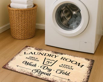 Retro Laundry Room Rug: Wash Dry Repeat, Durable Mat