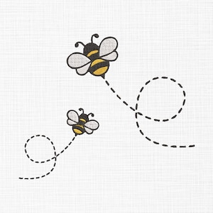 May include: Two cartoon bees flying in opposite directions, with a dashed line showing their flight paths.