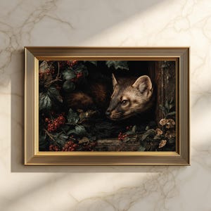 Pine Marten With Red Berries Printable Wall Art, Moody Wildlife Painting, Dark Cottagecore Autumn Decor, Vintage Print, Digital Download