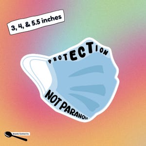 Blauwe gezichtsmaskersticker Covid Awareness-sticker met bericht 'Protection Not Paranoia', pandemische veiligheidsherinnering voor laptop, waterfles, auto