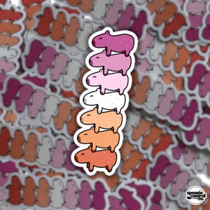 Könnte beinhalten: Ein Aufkleber mit einem Stapel von sechs Cartoon-Wasserschweinen in Rosa-, Weiß- und Orangetönen. Die Wasserschweine sind übereinander gestapelt, mit einem weißen Rand. Der Hintergrund ist mit ähnlichen Aufklebern gefüllt.
