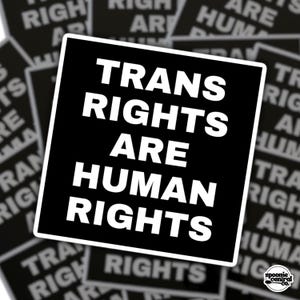 Könnte beinhalten: Schwarzer quadratischer Aufkleber mit dem weißen Text "TRANS RIGHTS ARE HUMAN RIGHTS". Der Aufkleber ist Teil einer Sammlung, wobei andere Aufkleber mit derselben Botschaft im Hintergrund sichtbar sind. Von spoonie central co.