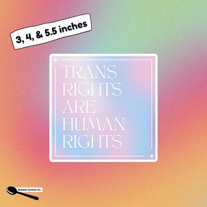 Sticker Trans Rights Are Human Rights - vierkante trans-vlagkleuren, blauwe en roze aura, LGBTQ+ Pride-sticker