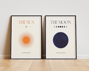 Set di stampe Sole e Luna, arte celeste di metà secolo (download digitale)
