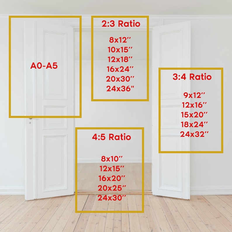 Puede incluir: Imagen que muestra puertas blancas con rect&aacute;ngulos amarillos que indican diferentes relaciones de aspecto: 2:3, 3:4 y 4:5. Cada rect&aacute;ngulo enumera los tama&ntilde;os de impresi&oacute;n en pulgadas, como 8x12", 10x15", 12x18", 16x24", 20x30" y 24x36".