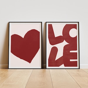 Red Heart Love Wall Art Set of 2 Romantic Poster Girly Room Decor Print Valentine Wall Art Home Decor Apartment Decor Heart Gift for Couples