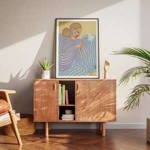 Modern abstract portrait of a woman in a flowing lavender and mint striped dress, holding a white flower. Set against a pastel yellow and blue background, this digital art print features fashion-inspired, feminine energy with bold lines and soft colors. Horizontal layout, perfect for contemporary, editorial-style, and artistic interior decor