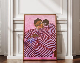 Abstracte surrealistische meisje muurkunst roze en paars gestreepte maximalistische modeposter vrouwelijke eclectische afdrukbare kunst moderne afdrukbare download