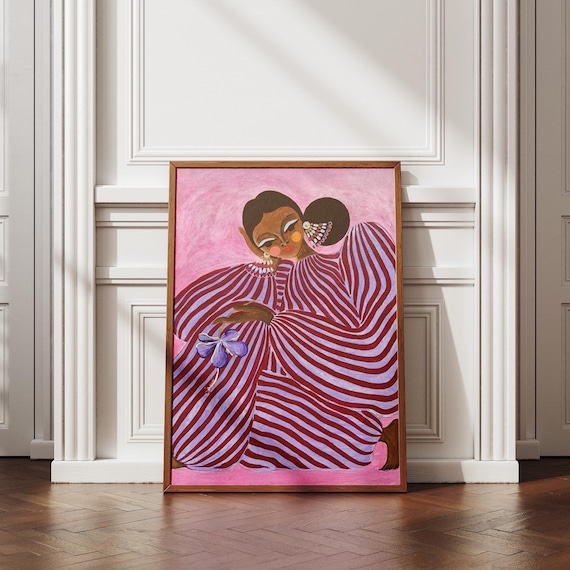 Abstract Surrealist Girl Wall Art Pink & Purple Striped Maximalist Fashion Poster Feminine Eclectic Printable Art Modern Printable Download