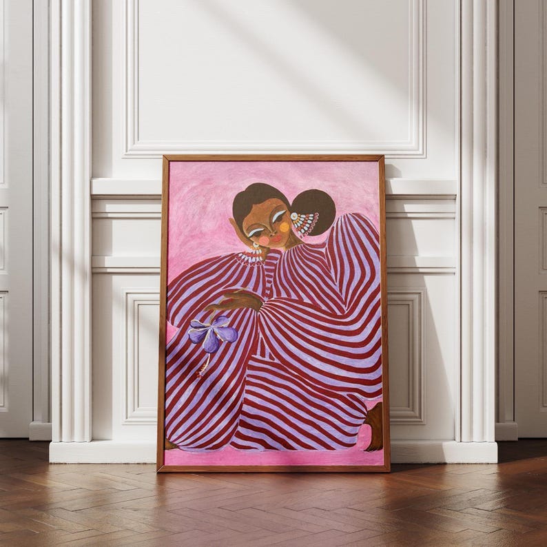 Digital poster of a stylized girl in pink and violet striped clothing, depicted in a surrealist and abstract style. The illustration is vibrant and fashion-inspired, with a dreamy, dopamine color palette and a modern feminine vibe. Perfect for eclectic, artistic interiors