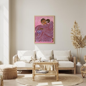 Digital poster of a stylized girl in pink and violet striped clothing, depicted in a surrealist and abstract style. The illustration is vibrant and fashion-inspired, with a dreamy, dopamine color palette and a modern feminine vibe. Perfect for eclectic, artistic interiors