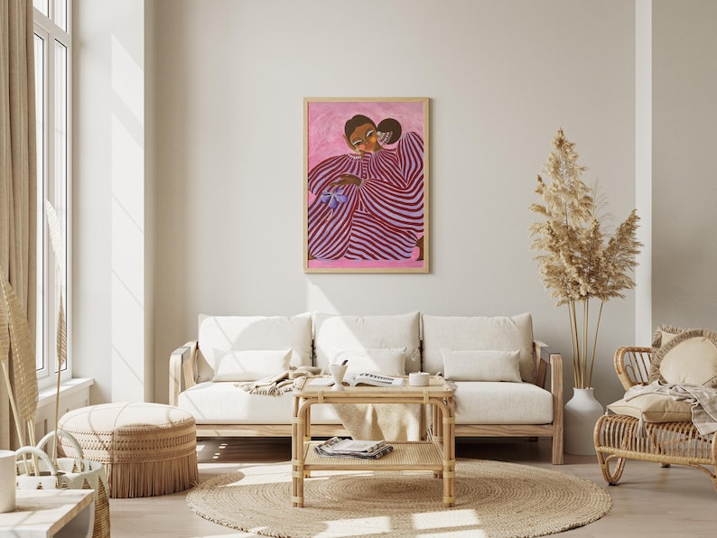 Digital poster of a stylized girl in pink and violet striped clothing, depicted in a surrealist and abstract style. The illustration is vibrant and fashion-inspired, with a dreamy, dopamine color palette and a modern feminine vibe. Perfect for eclectic, artistic interiors