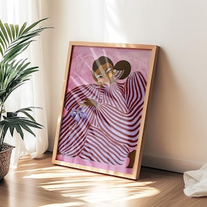 Digital poster of a stylized girl in pink and violet striped clothing, depicted in a surrealist and abstract style. The illustration is vibrant and fashion-inspired, with a dreamy, dopamine color palette and a modern feminine vibe. Perfect for eclectic, artistic interiors